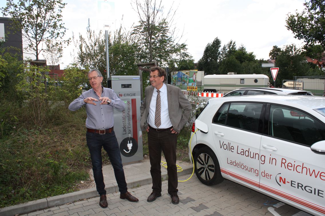 Zwei Personen stehen auf einem Parkplatz vor einer Elektro-Ladesäule und einem Elektro-Auto