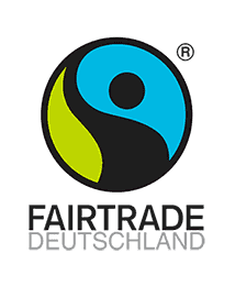 Das Logo von Fairtrade Deutschland zeigt einen blau grünen Kreis auf schwarzem Hintergrund mit dem Schriftzug Fairtrade