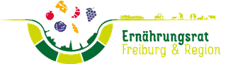 Das bunte Logo zeigt neben dem Schriftzug "Ernährungsrat Freiburg und Region" mehrere Piktogramme von Lebensmittel, die Silhouette der Stadt Freiburg sowie landwirtschaftliche Tätigkeiten und Tiere